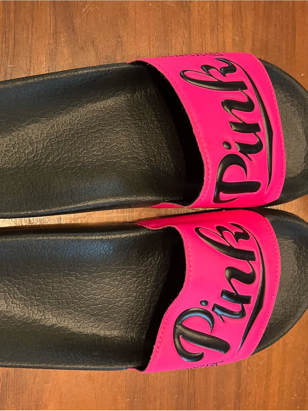 PINK Victoria's Secret Black Footbed Slide Sandals with Hot Pink Strap